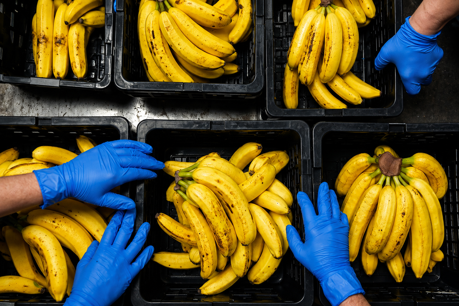 Workers sorting and handling fresh Indian bananas in a commercial packing facility